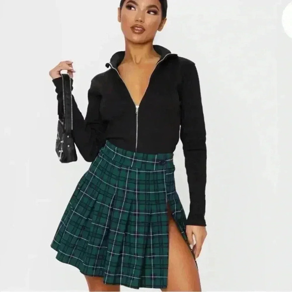 Pretty Little Thing PLT Green Check Tennis Side Split Mini Skirt 12 - Picture 3 of 6
